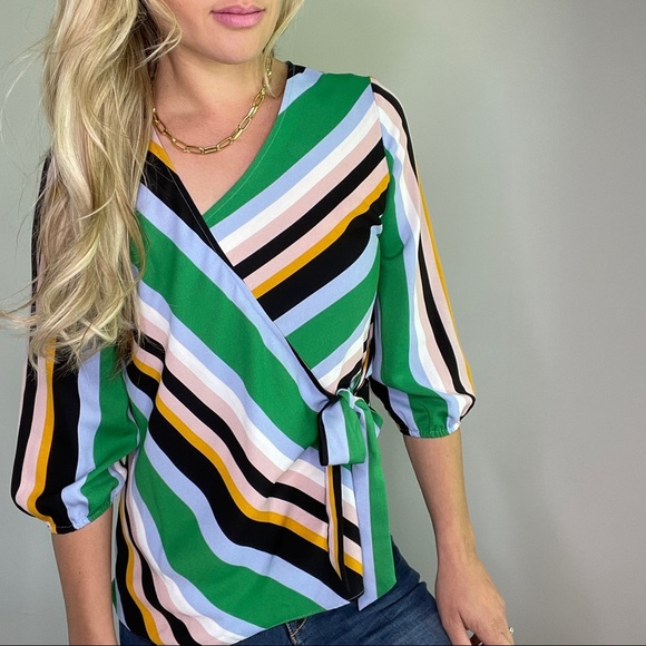 Bar III Green, Black, Blue, Yellow Striped Wrap Style Top New with Tags - Picture 3 of 12
